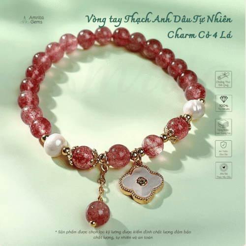 [Amrita] Vòng tay Thạch Anh Dâu Tự Nhiên  Charm Cỏ 4 Lá  - VNCT17