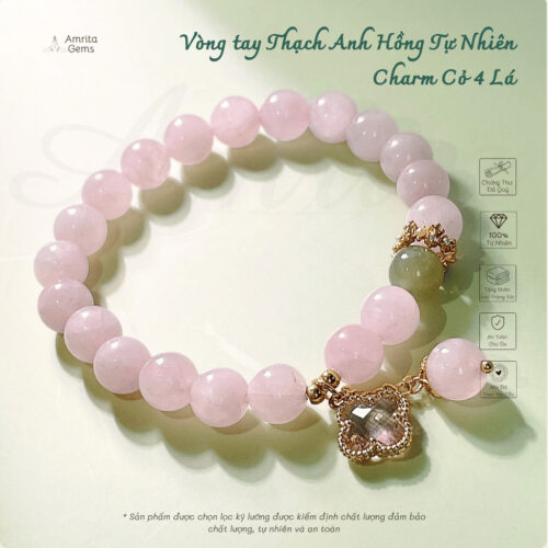 [AmritaGems] Vòng tay Thạch Anh Hồng Tự Nhiên  Charm Cỏ 4 Lá - VNCT14